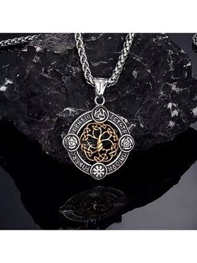 Norse Rune Tree of Life Pendant Necklace - Stainless Steel 24" #1535